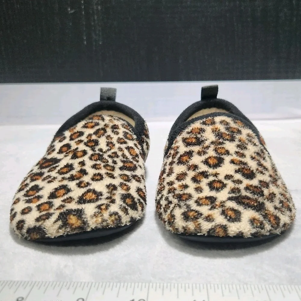 Leopard Print Fuzzy Slip On Slippers Animal Print House Shoes Tan Brown Black